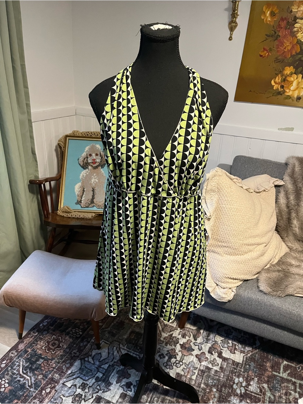 Women’s Y2K Vintage Geometric Halter Mini Dress/Shirt in Lime & Black Size L